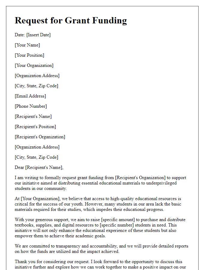 Letter template of request for grants to support educational material distribution