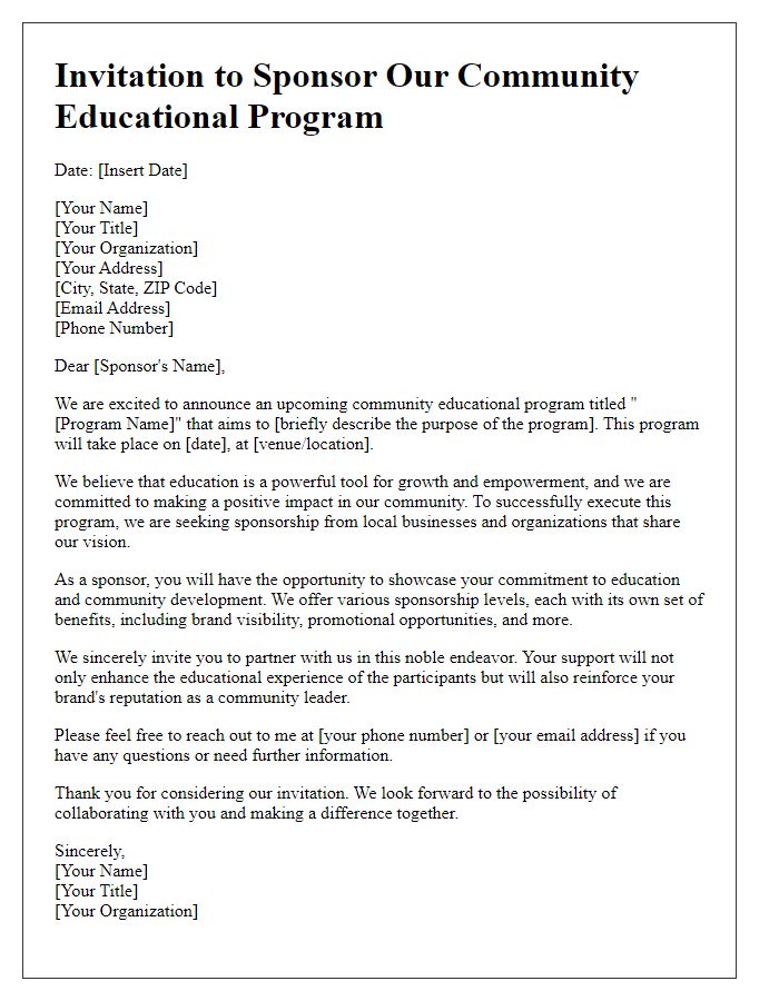 Letter template of sponsorship invitation for a community educational program