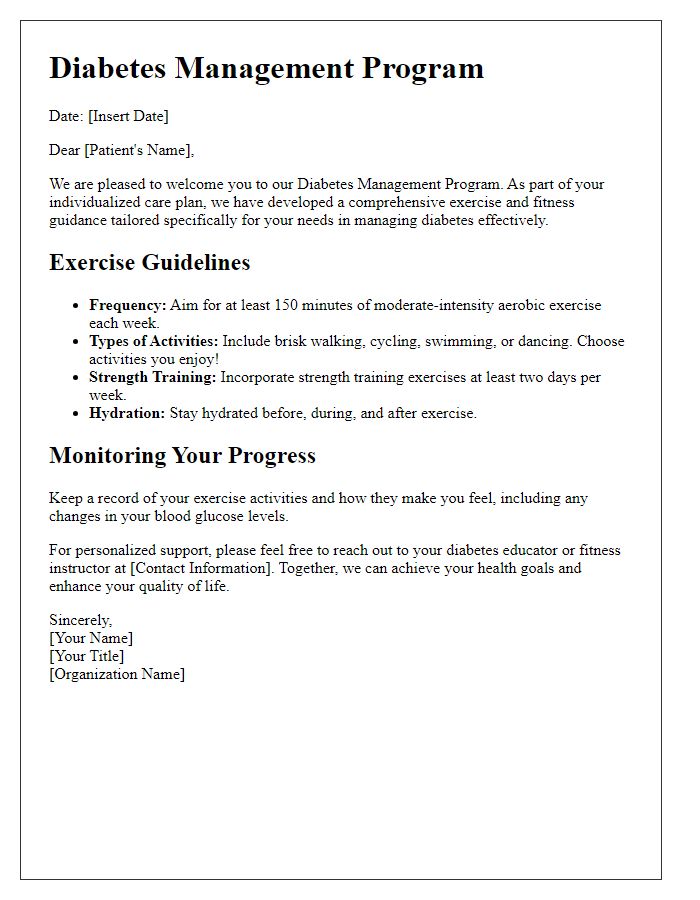 Letter template of diabetes management program for exercise and fitness guidance.