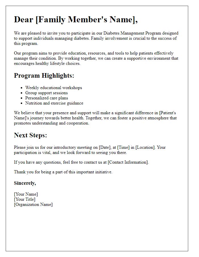 Letter template of diabetes management program for family involvement.