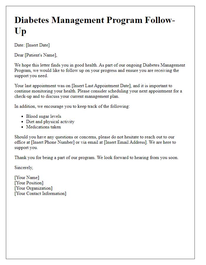 Letter template of diabetes management program for ongoing patient follow-up.