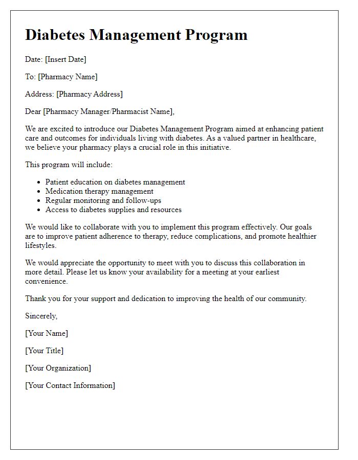 Letter template of diabetes management program for pharmacy collaboration.