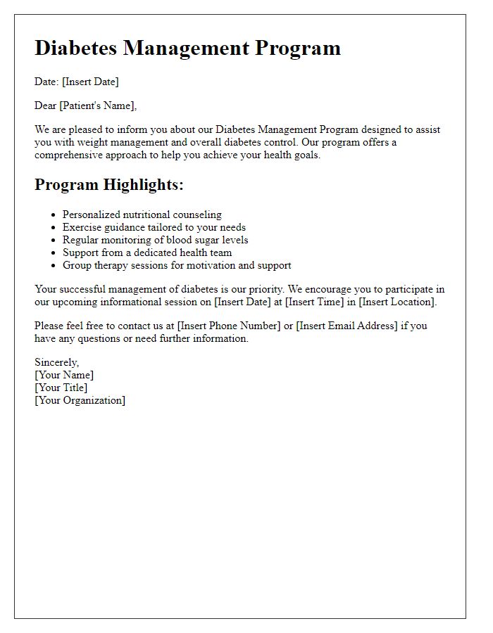 Letter template of diabetes management program for weight management support.