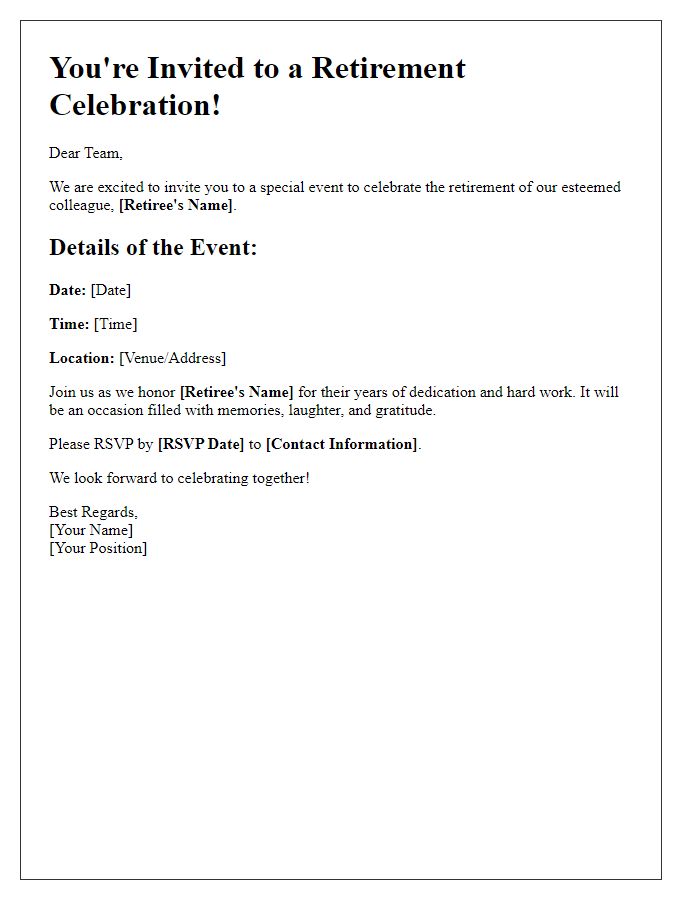 Letter template of retirement event celebration invitation for colleagues