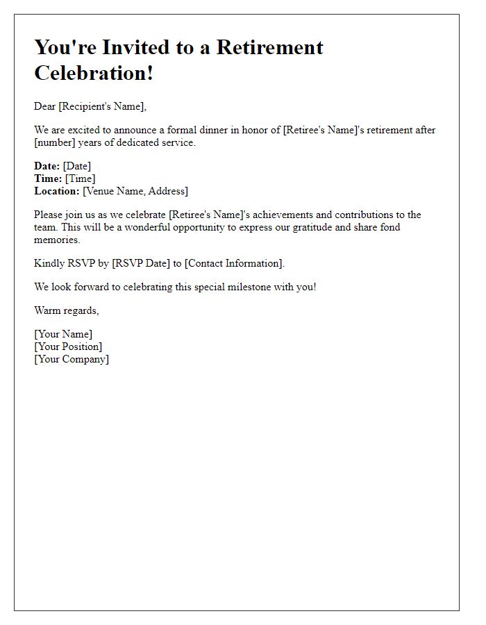 Letter template of retirement event celebration invitation for a formal dinner