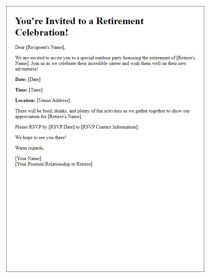 Letter template of retirement event celebration invitation for an outdoor party