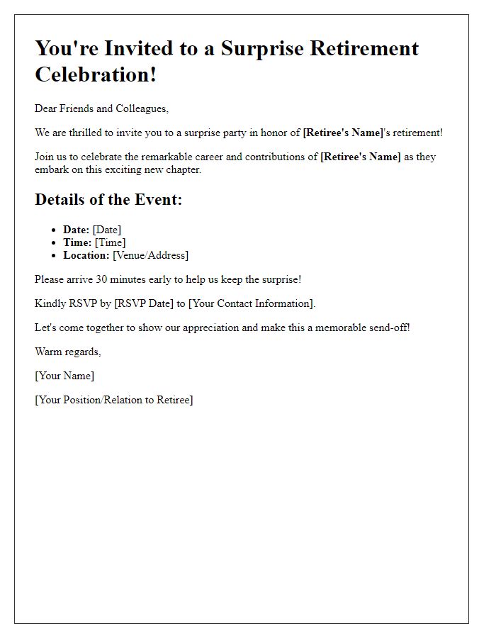 Letter template of retirement event celebration invitation for a surprise party