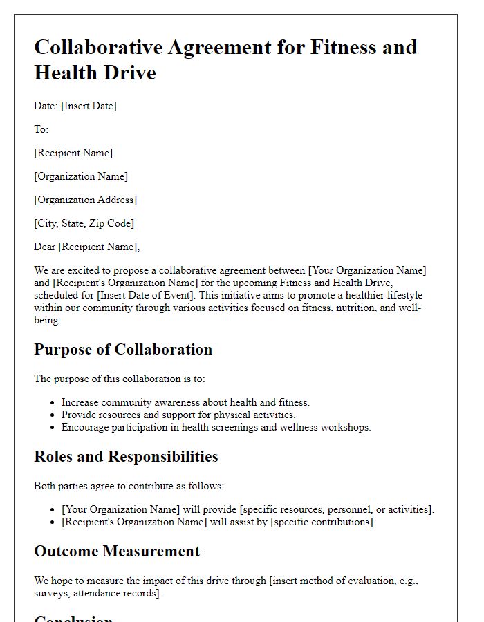 Letter template of collaborative agreement for fitness and health drive.