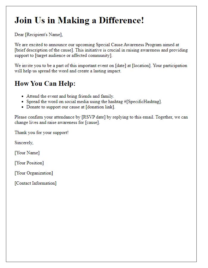 Letter template of Call to Action for Special Cause Awareness Program