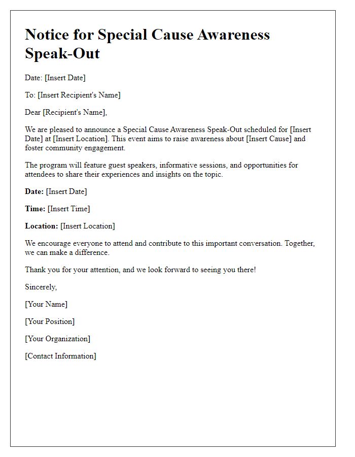 Letter template of Notice for Special Cause Awareness Speak-Out