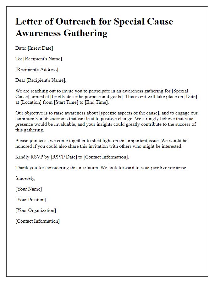 Letter template of Outreach for Special Cause Awareness Gathering