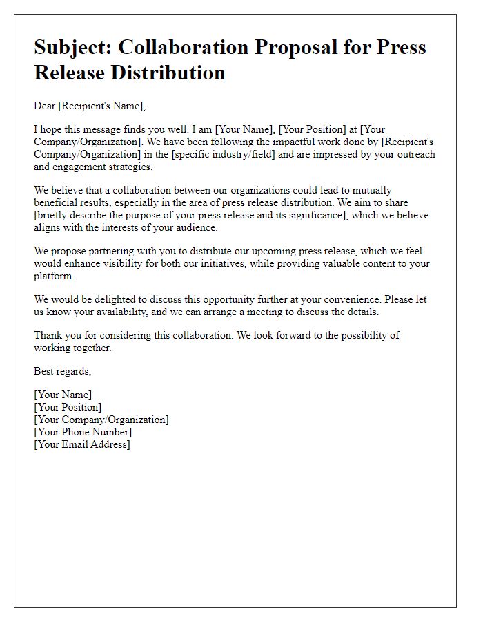 Letter template of appeal for press release distribution collaboration.