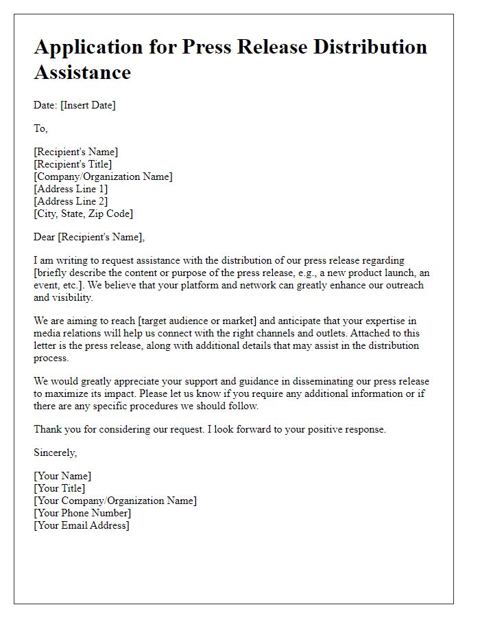 Letter template of application for press release distribution assistance.