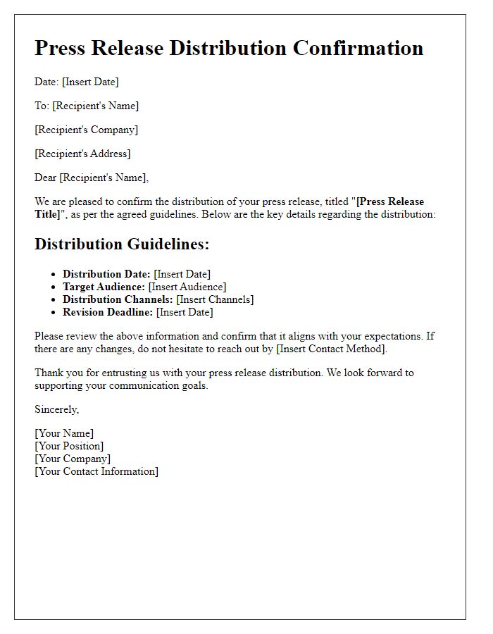 Letter template of confirmation for press release distribution guidelines.