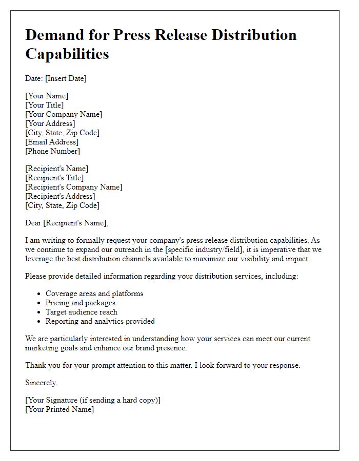 Letter template of demand for press release distribution capabilities.