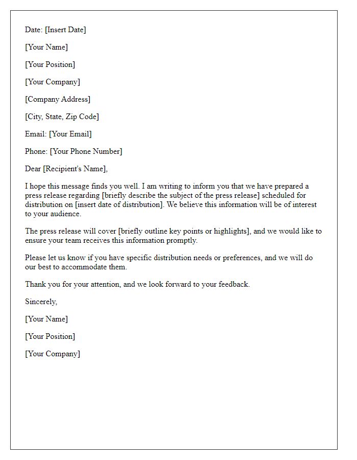 Letter template of notification for press release distribution needs.