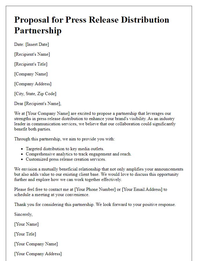 Letter template of proposal for press release distribution partnership.