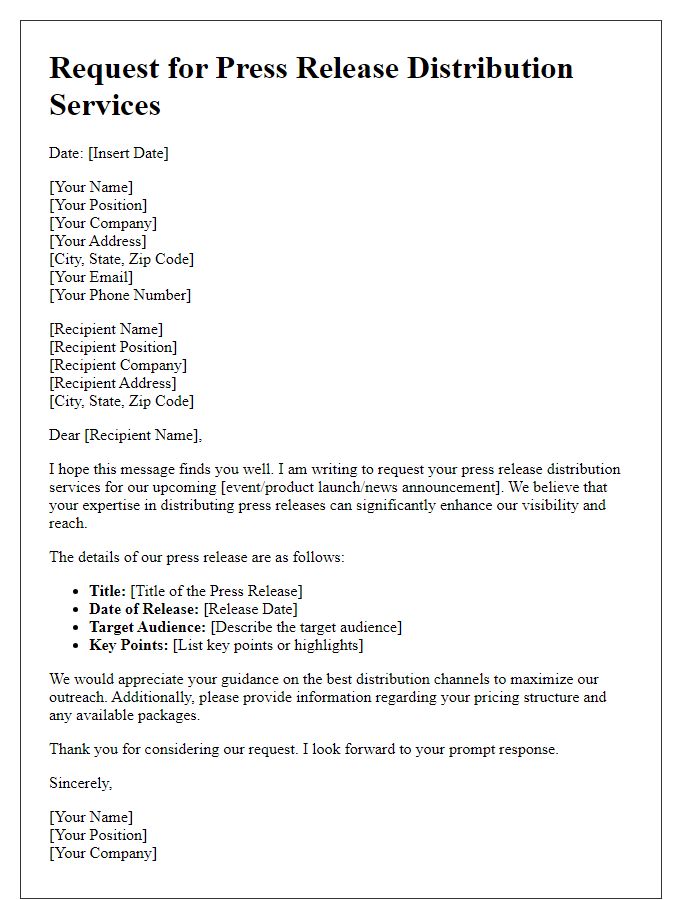 Letter template of request for press release distribution services.