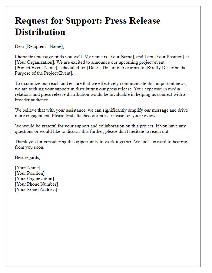 Letter template of solicitation for press release distribution support.