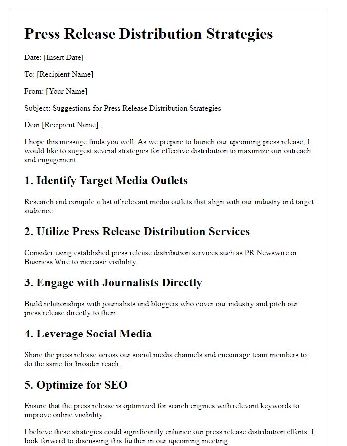 Letter template of suggestion for press release distribution strategies.