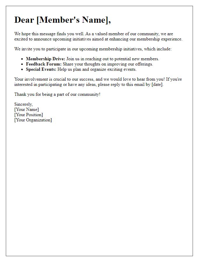 Letter template of call for involvement in upcoming membership initiatives.