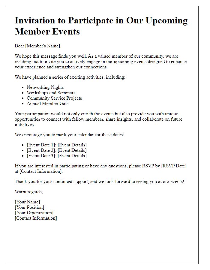 Letter template of solicitation for active engagement in member events.