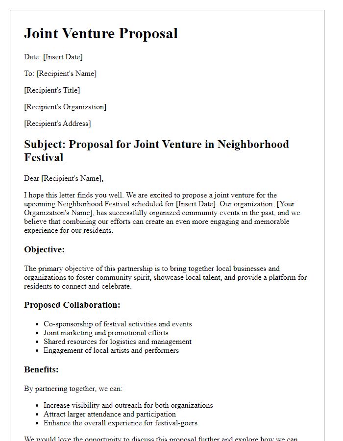 Letter template of joint venture proposal for neighborhood festival