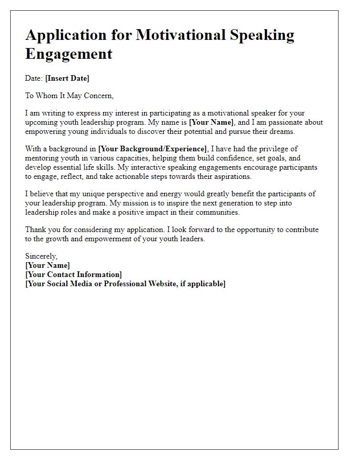 Letter template of motivational speaking application for youth leadership programs