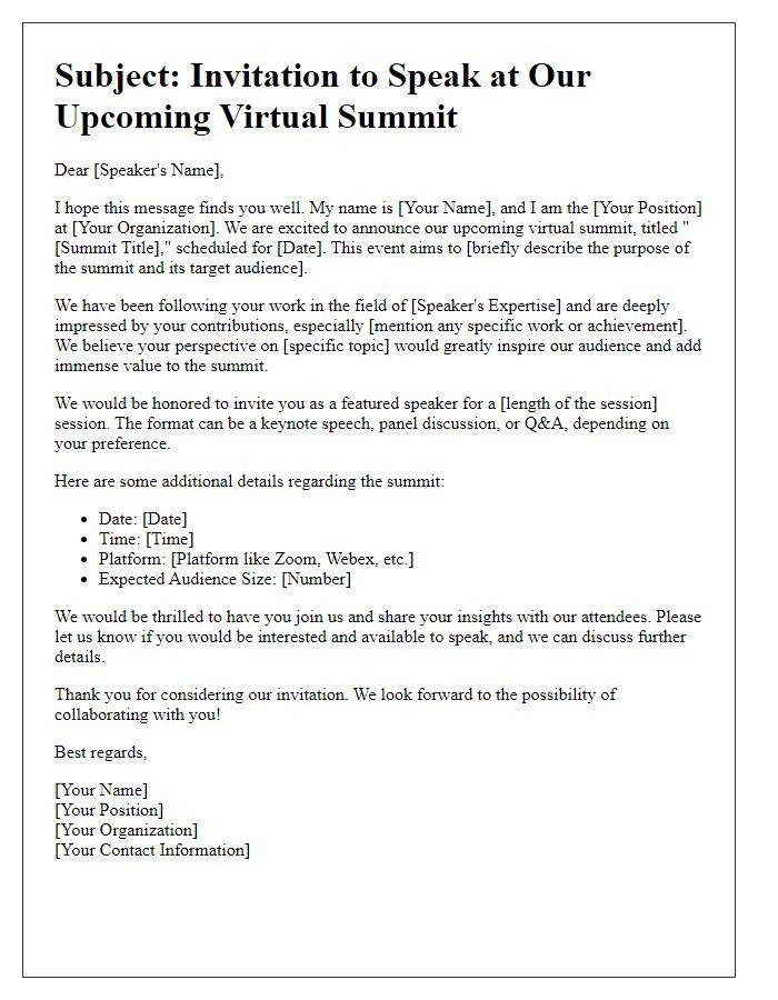 Letter template of motivational speaking offer for virtual summits