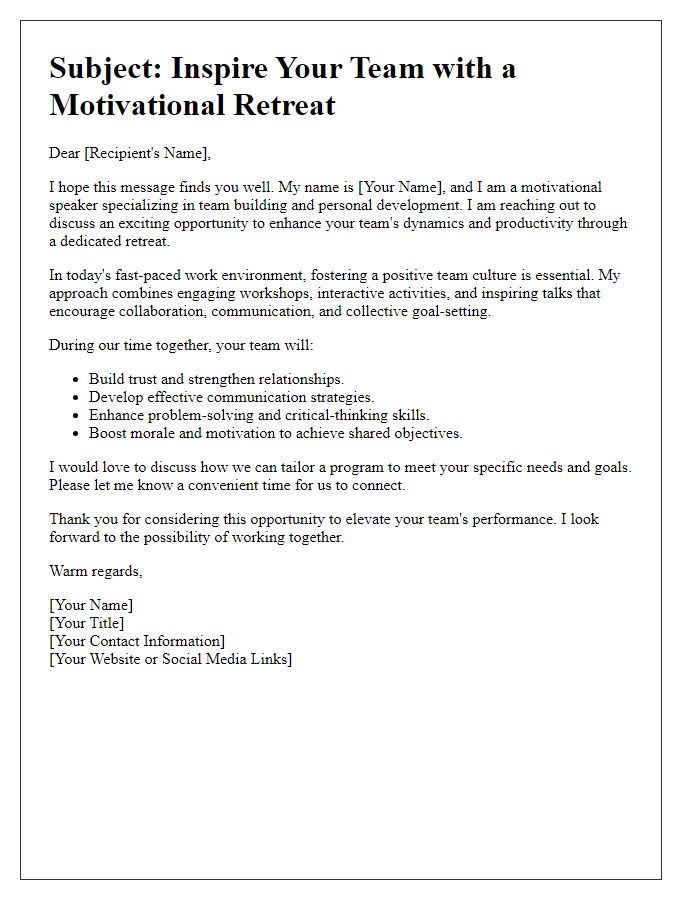 Letter template of motivational speaking outreach for team building retreats