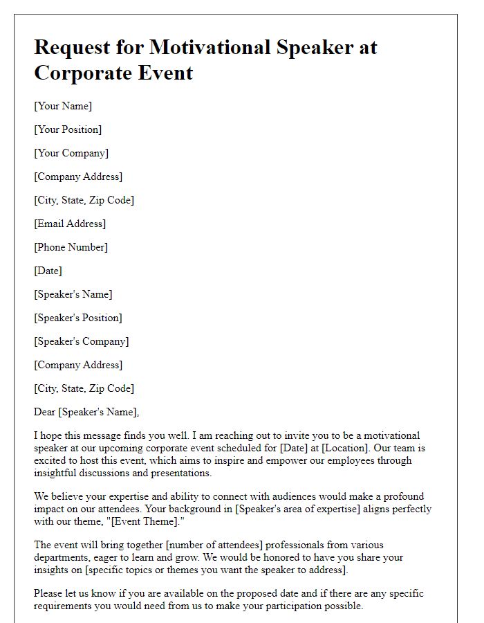 Letter template of motivational speaking request for corporate event