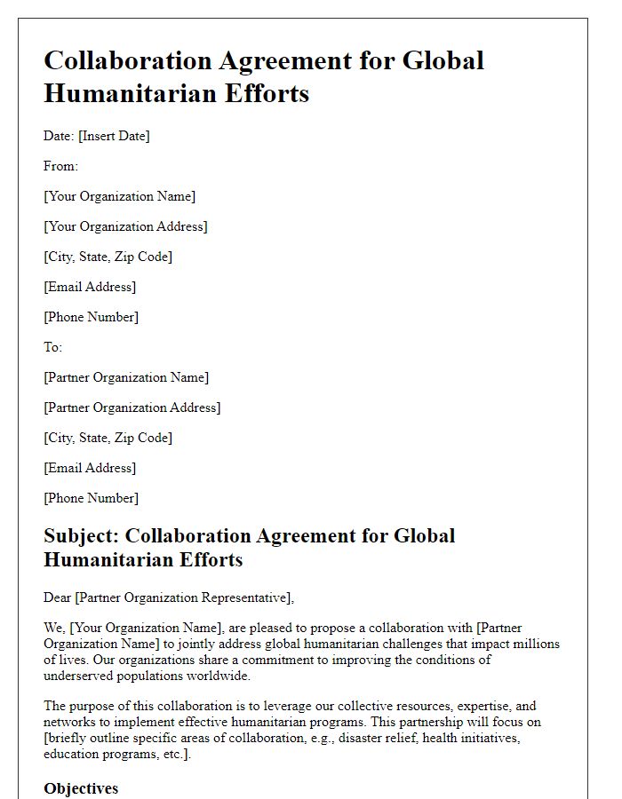 Letter template of collaboration agreement for global humanitarian efforts