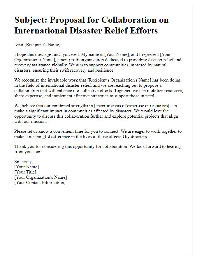 Letter template of outreach for international disaster relief collaboration