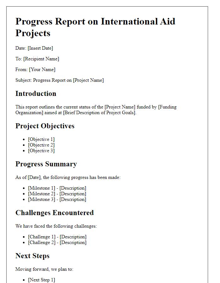 Letter template of progress report on international aid projects