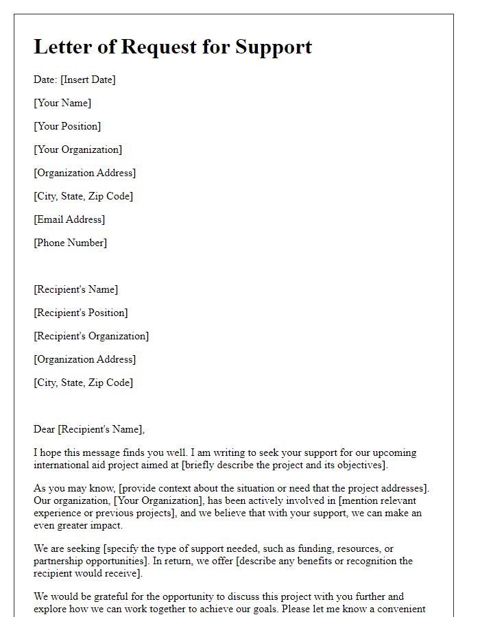 Letter template of request for support in international aid projects