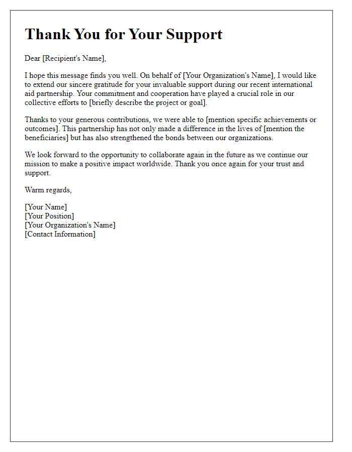 Letter template of thank you for previous international aid partnership