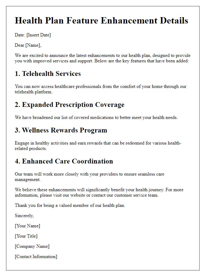 Letter template of health plan feature enhancement details