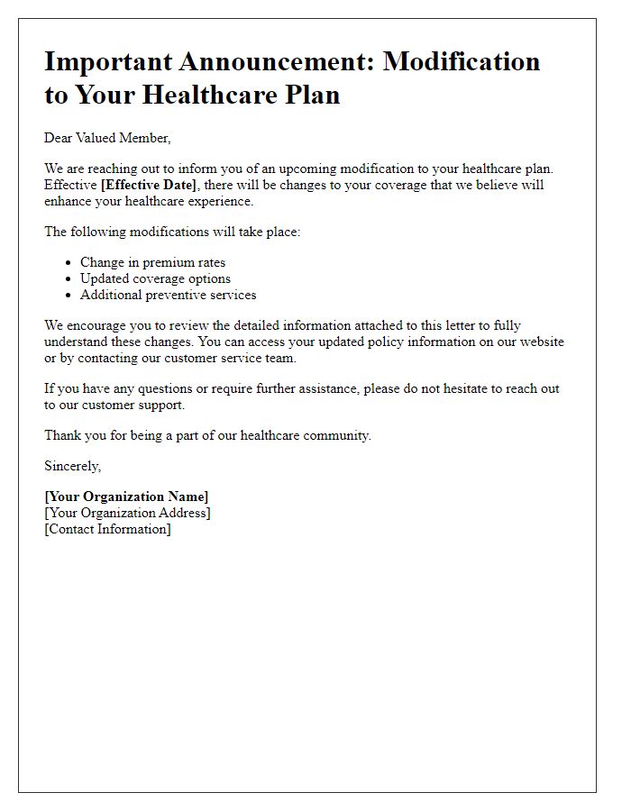 Letter template of healthcare plan modification announcement