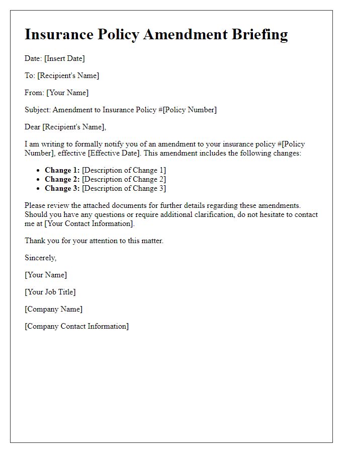 Letter template of insurance policy amendment briefing