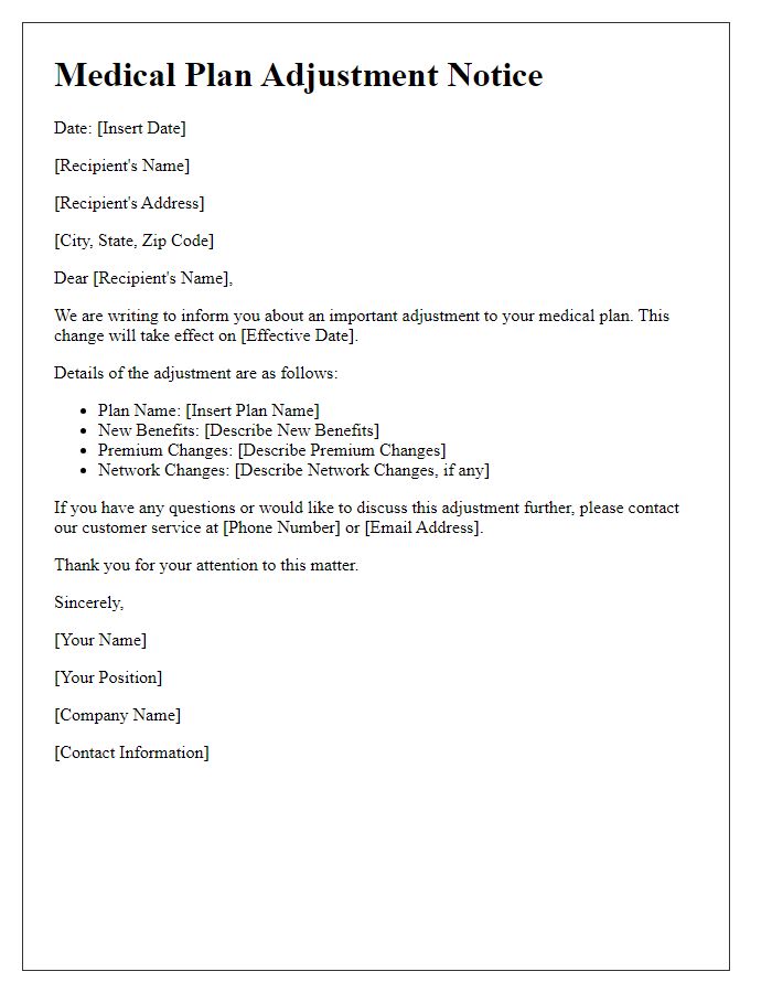 Letter template of medical plan adjustment notice