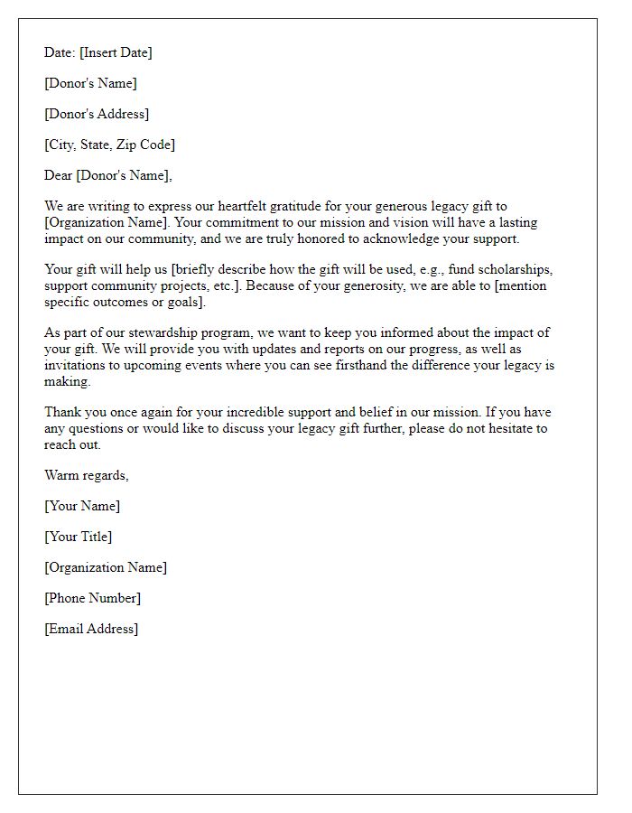 Letter template of acknowledgment for legacy gift stewardship