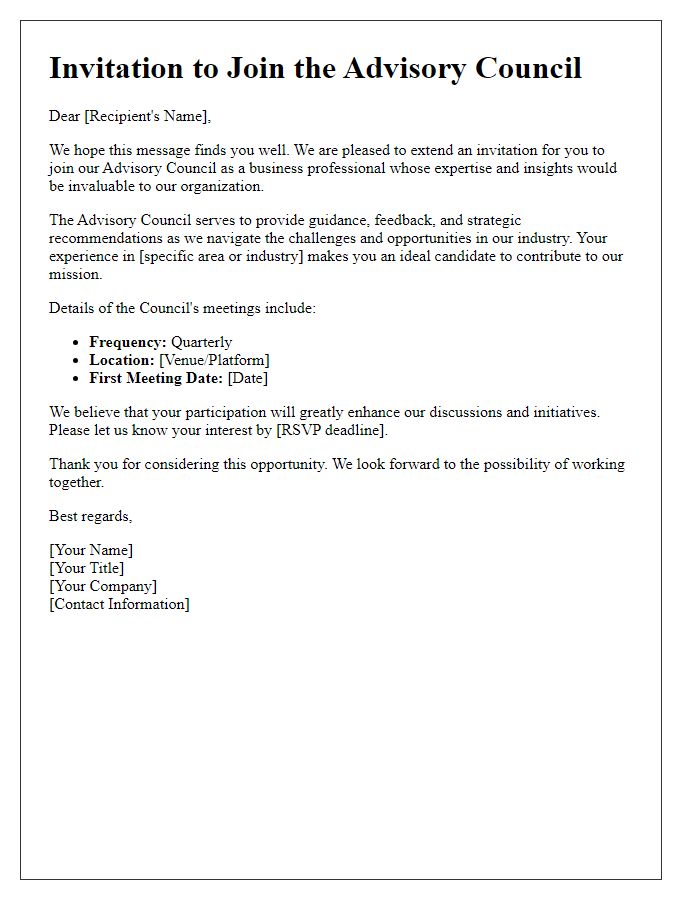 Letter template of Advisory Council Invitation for Business Professionals