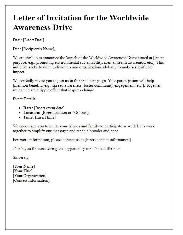 Letter template of Worldwide Awareness Drive