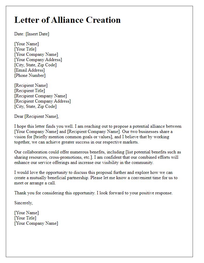 Letter template of alliance creation for small business assistance