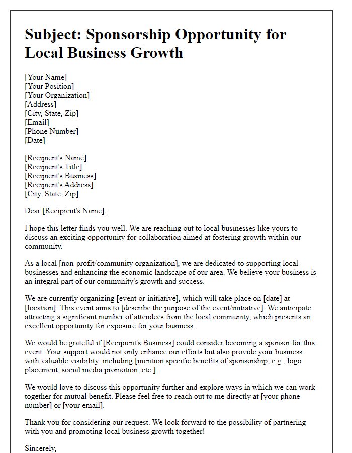 Letter template of sponsorship appeal for local business growth