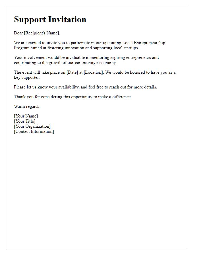 Letter template of support invitation for local entrepreneurship program