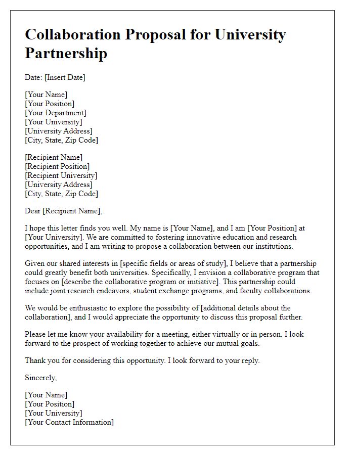 Letter template of collaboration proposal for university partnership.