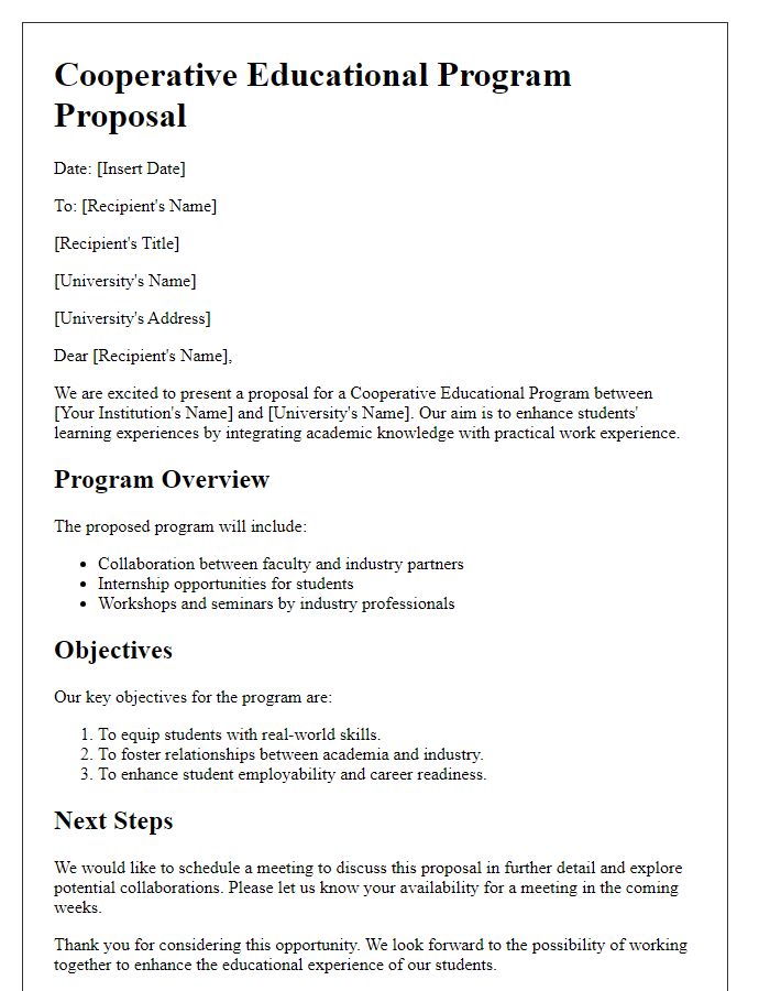 Letter template of cooperative educational program proposal for universities.