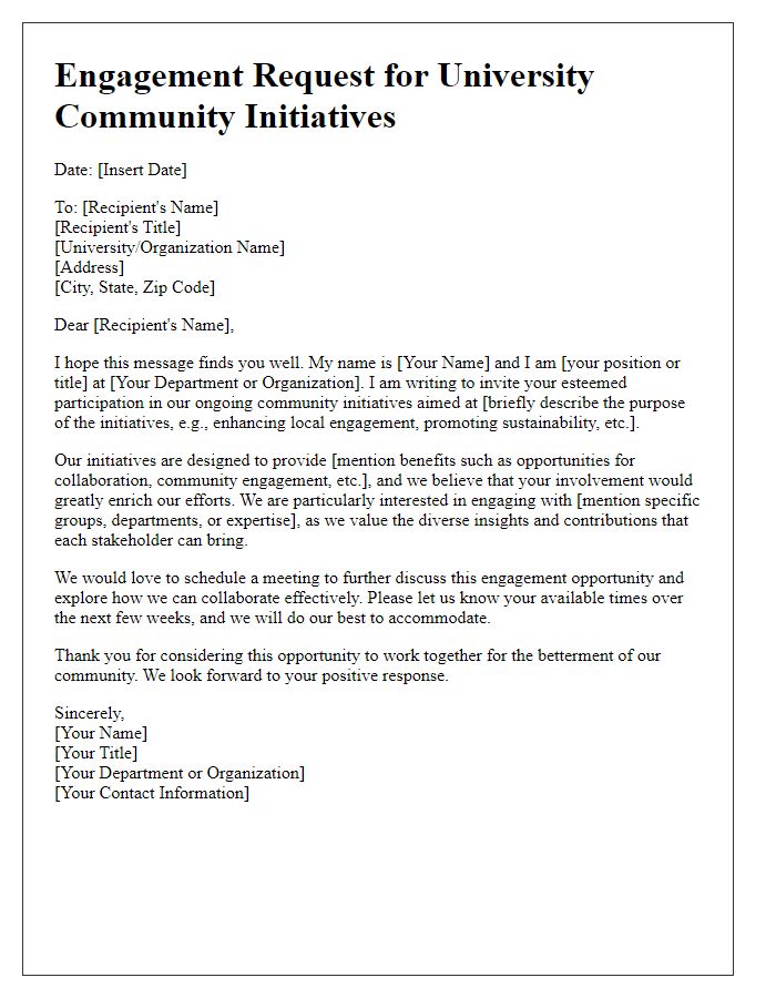 Letter template of engagement request for university community initiatives.