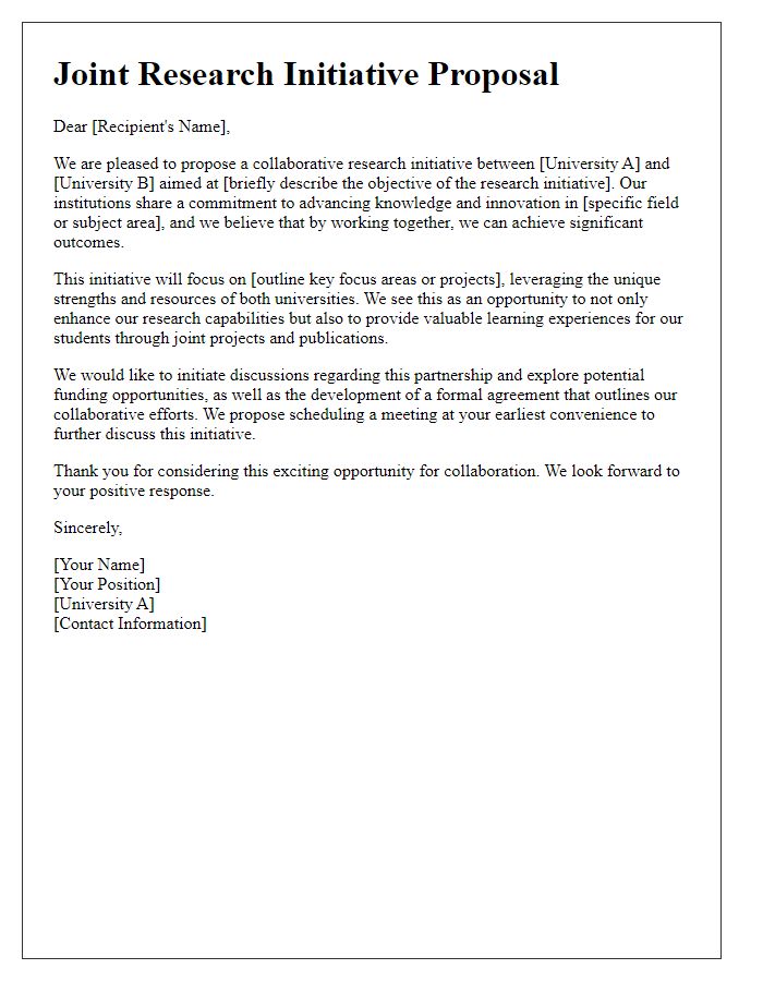 Letter template of joint research initiative for university alliances.